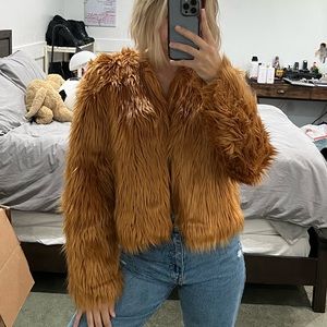 BROWN TAN FAUX FUR COAT JACKET SZ SMALL
